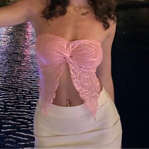 SHEIN Pink Lace Strapless Knot Front Crop Top